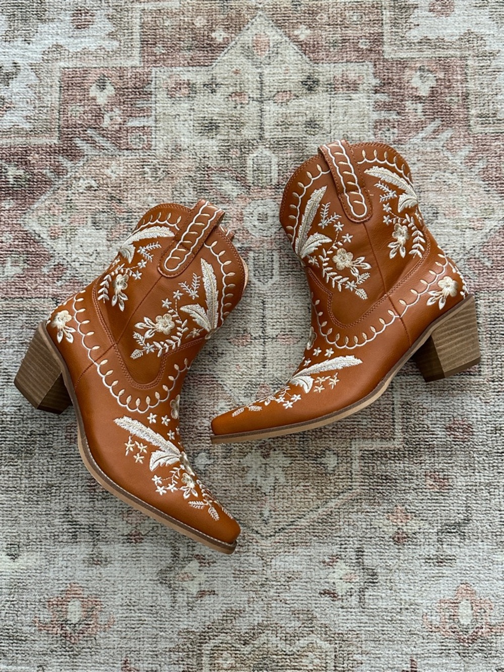 Embroidered Western Ankle Boots - Tan